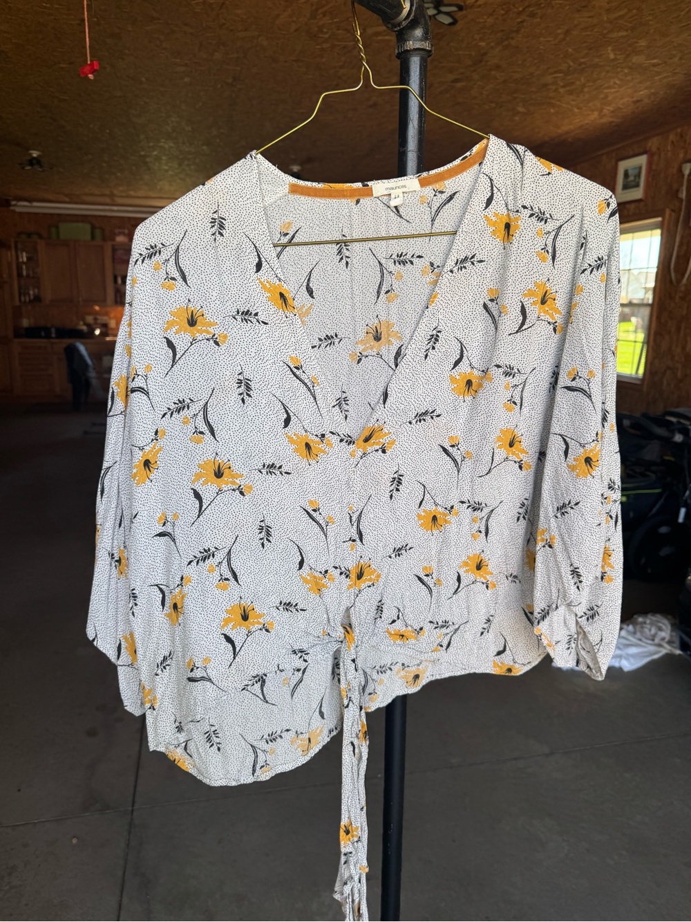 Maurices White Floral Tie-Front Blouse with Yellow Flowers